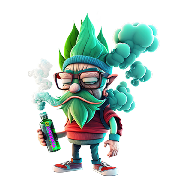 Eine cartoonartige Figur mit grünem Bart und grünen Blättern auf dem Kopf, die eine Brille und rote Kleidung trägt. Die Figur hält ein Vape-Gerät mit dem Euphoria-Logo und bläst Rauchwolken aus.